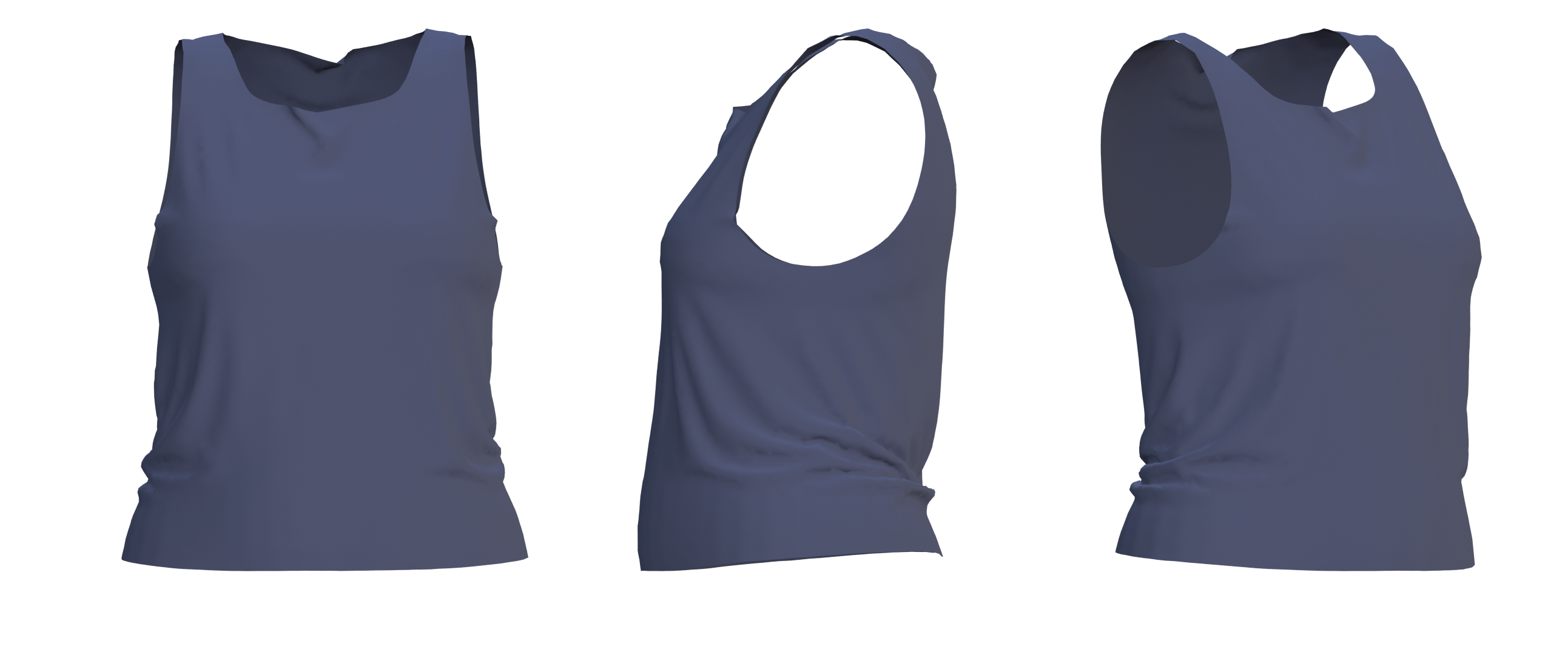 ortho view of the same drapped garment in 3 angles