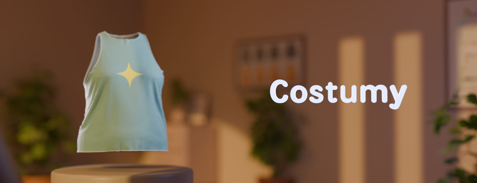 3D render of an interior scene. The foreground shows a floating tanktop in blue on the left. "Costumy" can be read on the right." 