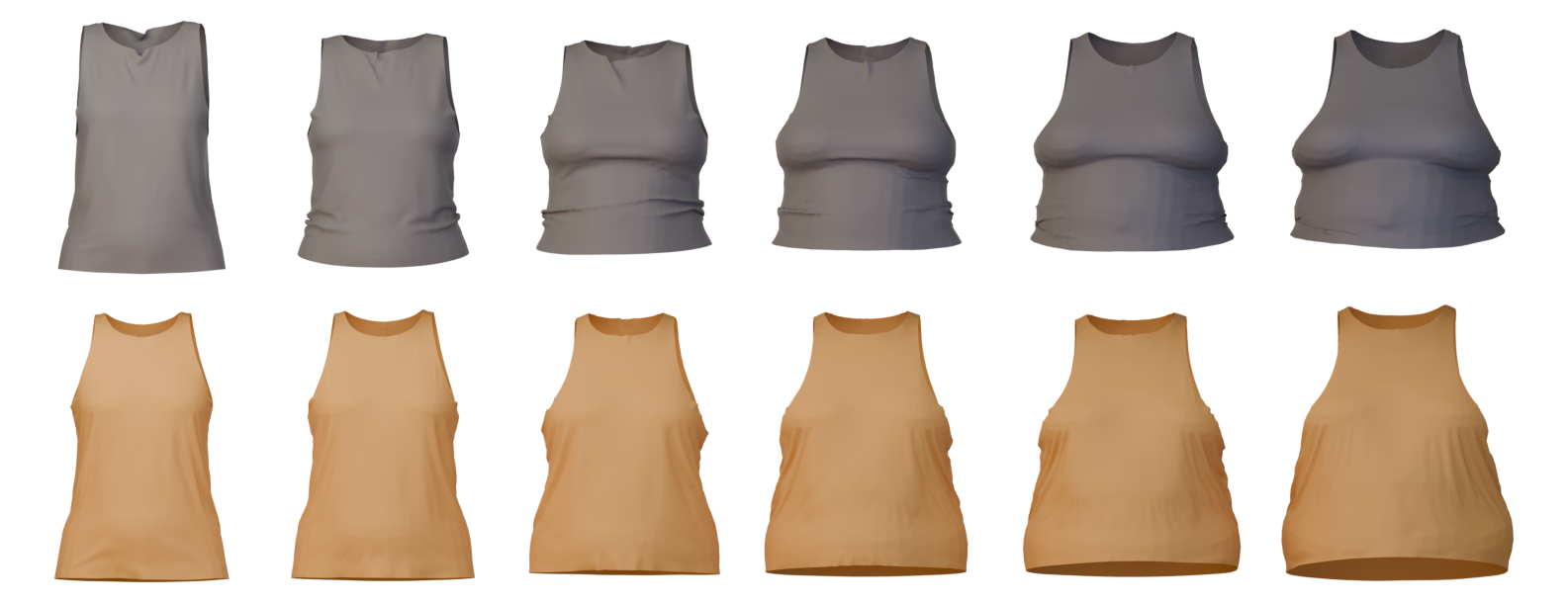 Two rows of 3D garments, the first in gray is unfitted, the second in orange is fitted